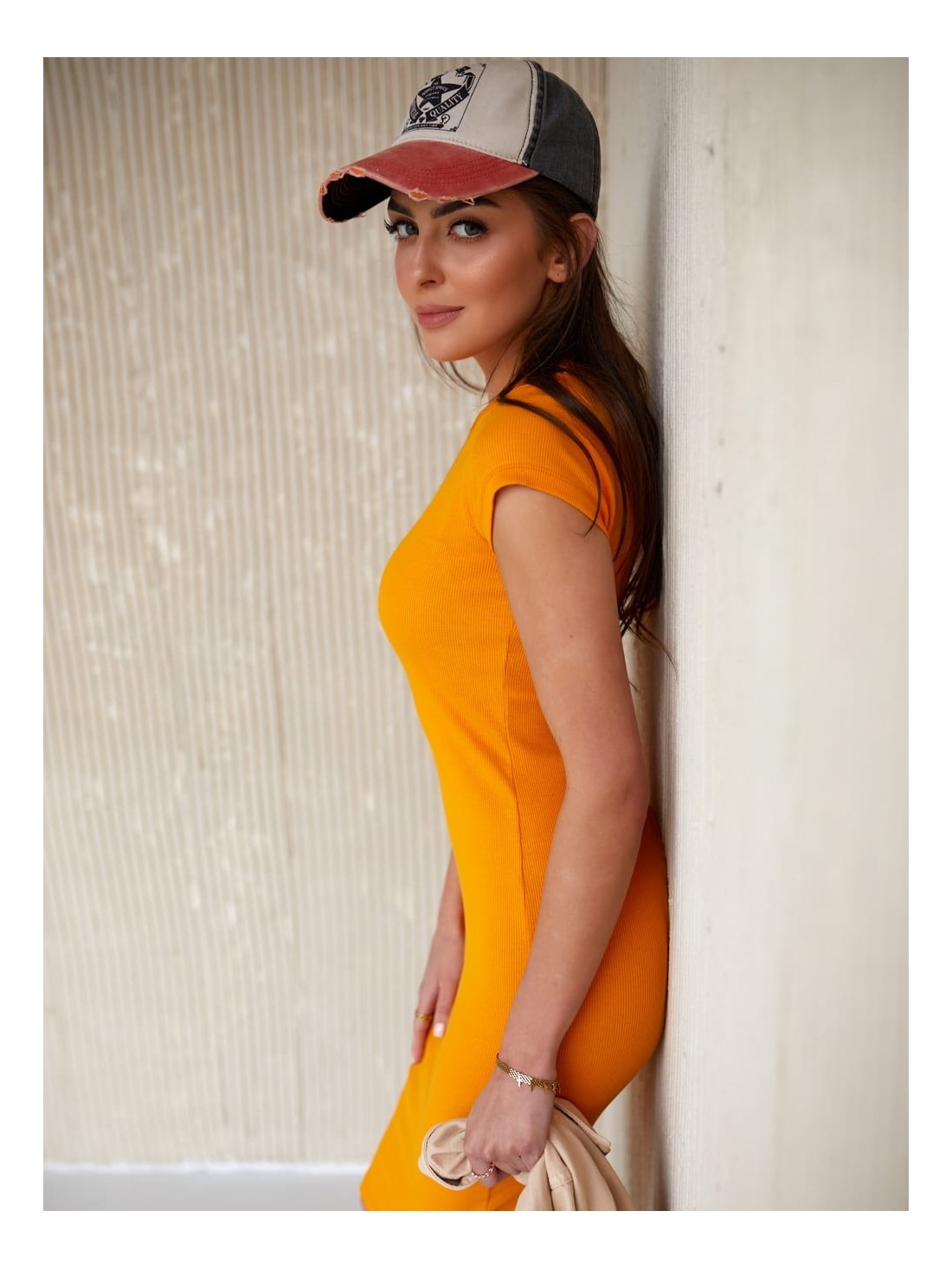 Pencil dress with short sleeves, mustard TS286 - Online store - Boutique